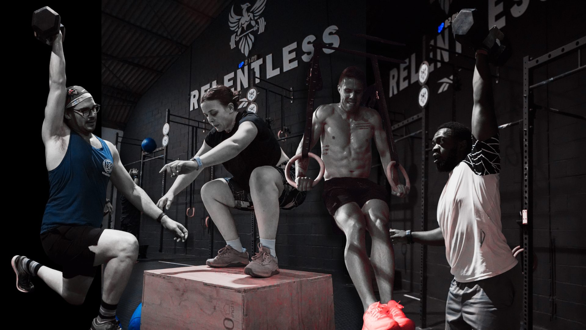 Four athletes training different movements side by side at Relentless Heart
